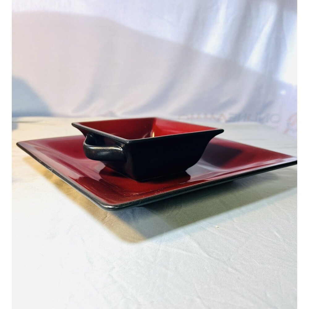 Made Exclusively for Tastefully Simple Dip Square Bowl And Plate Set Red & Black